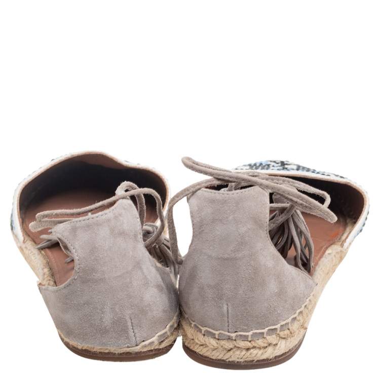 Pre Owned Aquazzura Multicolor Embroidered Canvas and Suede Tassel Ankle Wrap Espadrille Sandals Size 40