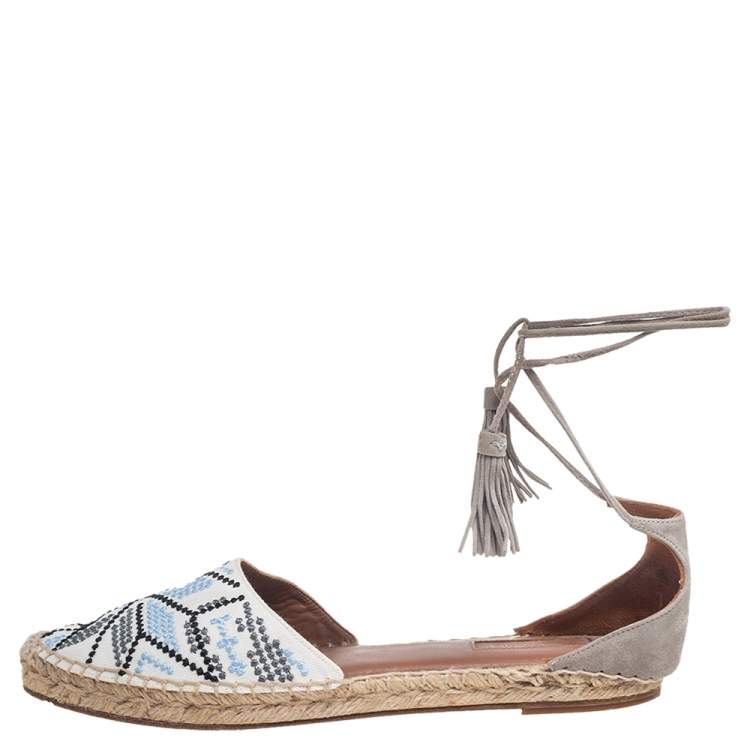 Pre Owned Aquazzura Multicolor Embroidered Canvas and Suede Tassel Ankle Wrap Espadrille Sandals Size 40