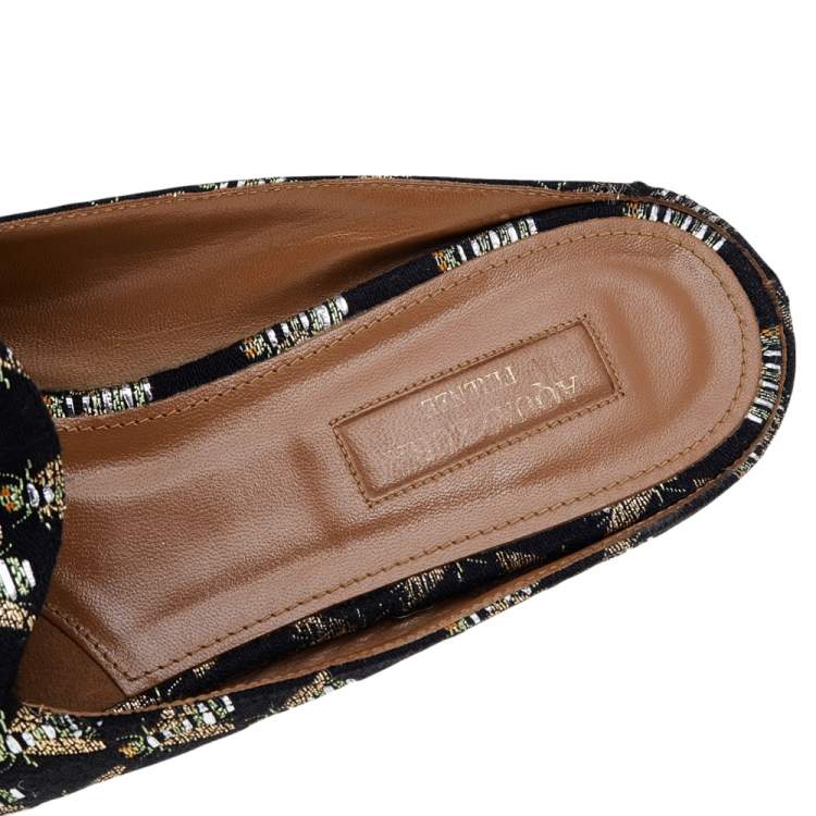 Pre Owned Aquazzura Black Bee Embroidered Fabric Flat Mules Size 39.5