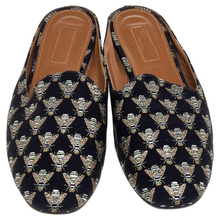 Pre Owned Aquazzura Black Bee Embroidered Fabric Flat Mules Size 39.5