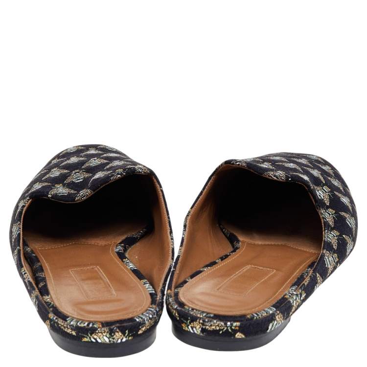 Pre Owned Aquazzura Black Bee Embroidered Fabric Flat Mules Size 39.5