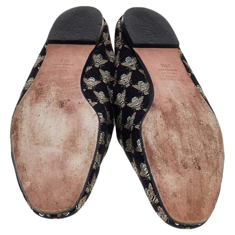 Pre Owned Aquazzura Black Bee Embroidered Fabric Flat Mules Size 39.5