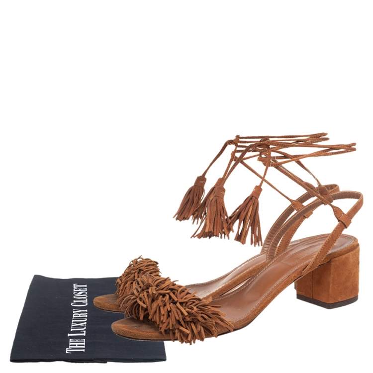 Pre Owned Aquazzura Brown Suede Wild Thing Ankle-Wrap Sandals Size 36