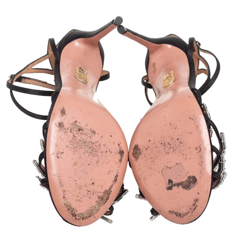Pre Owned Aquazzura Black Satin Crystals Embellished Ankle-Wrap Sandals Size 39