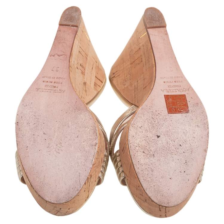 Pre Owned Aquazzura Gold Leather Cork Wedge Sandals  Size 37