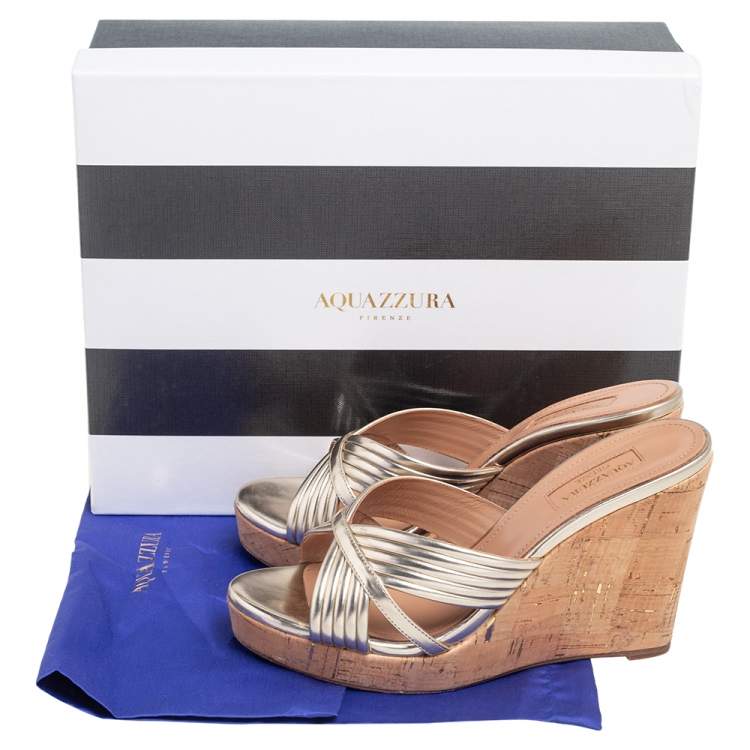 Pre Owned Aquazzura Gold Leather Cork Wedge Sandals  Size 37