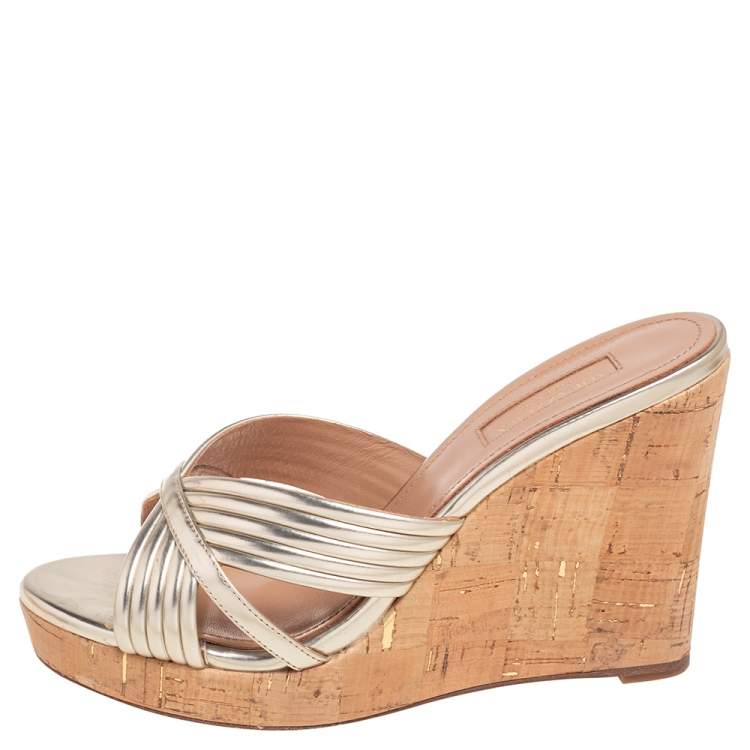 Pre Owned Aquazzura Gold Leather Cork Wedge Sandals  Size 37