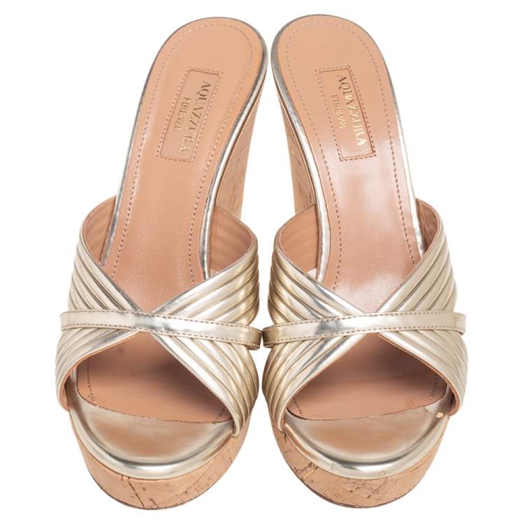 Pre Owned Aquazzura Gold Leather Cork Wedge Sandals  Size 37