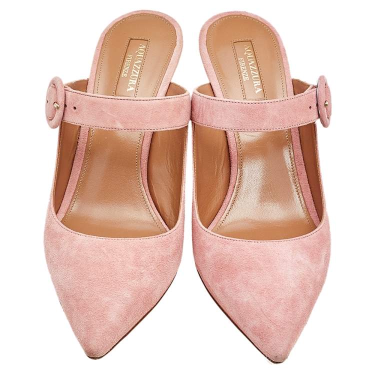 Pre Owned Aquazzura Pink Suede Buckle Mule Sandals Size 39