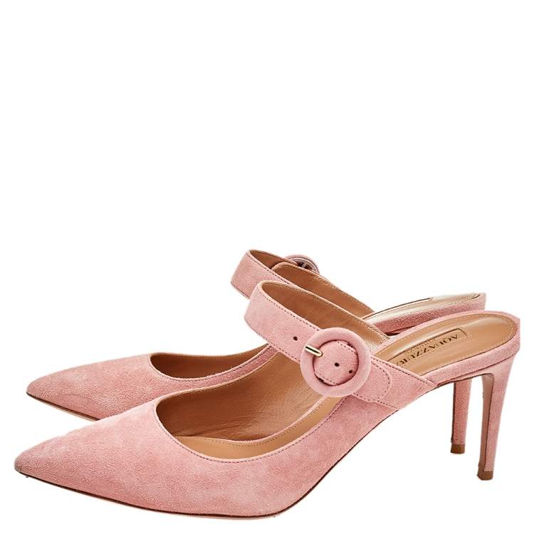 Pre Owned Aquazzura Pink Suede Buckle Mule Sandals Size 39
