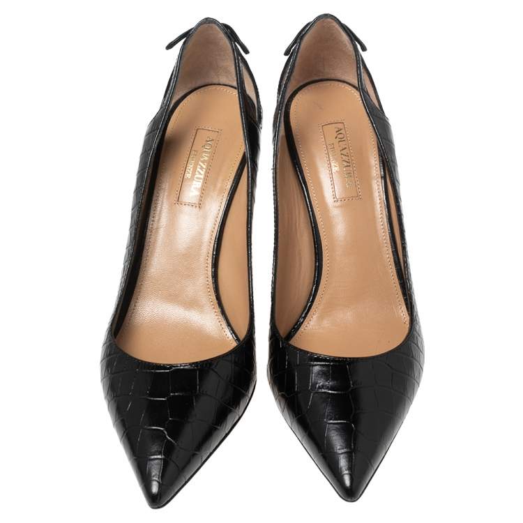 Pre Owned Aquazzura Black Croc Embossed Leather Marilyn Pumps Size 37.5