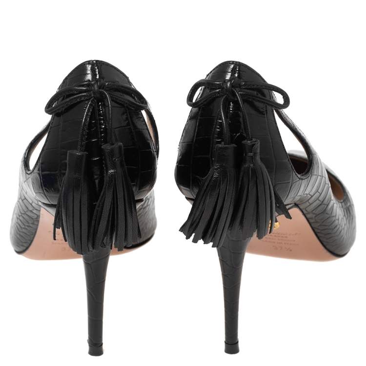 Pre Owned Aquazzura Black Croc Embossed Leather Marilyn Pumps Size 37.5