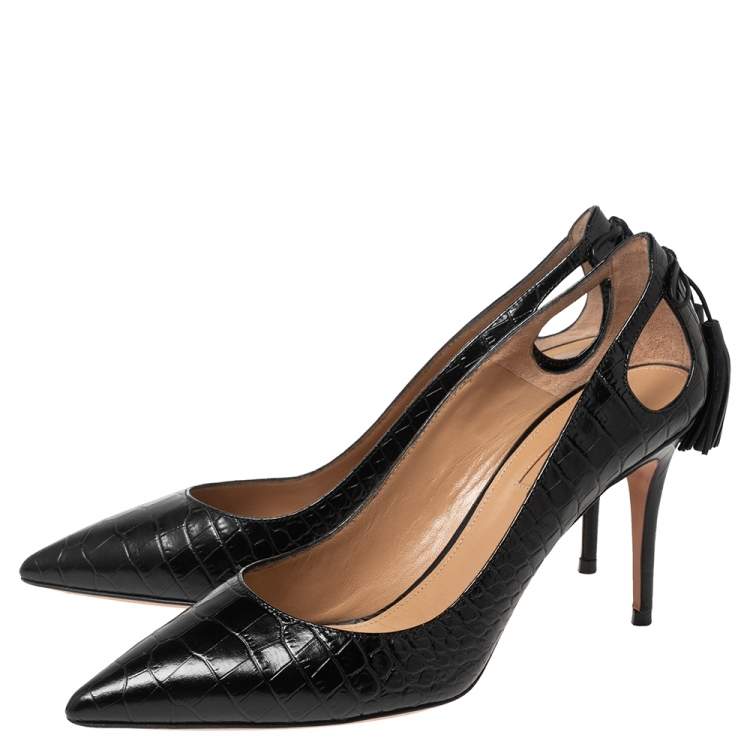 Pre Owned Aquazzura Black Croc Embossed Leather Marilyn Pumps Size 37.5