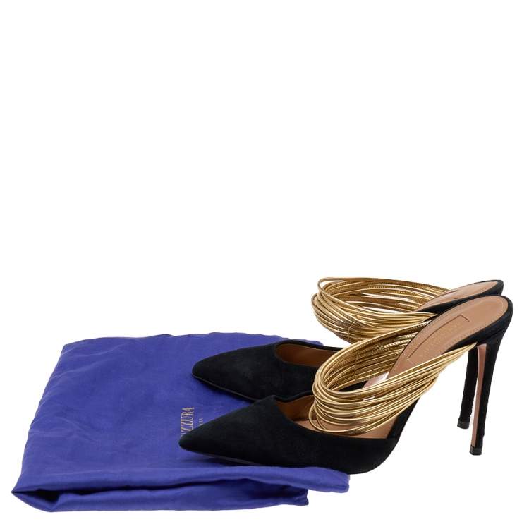 Pre Owned Aquazzura Black Suede And Metallic Gold Leather Rendez Vous Pointed Toe Mules Size 35.5
