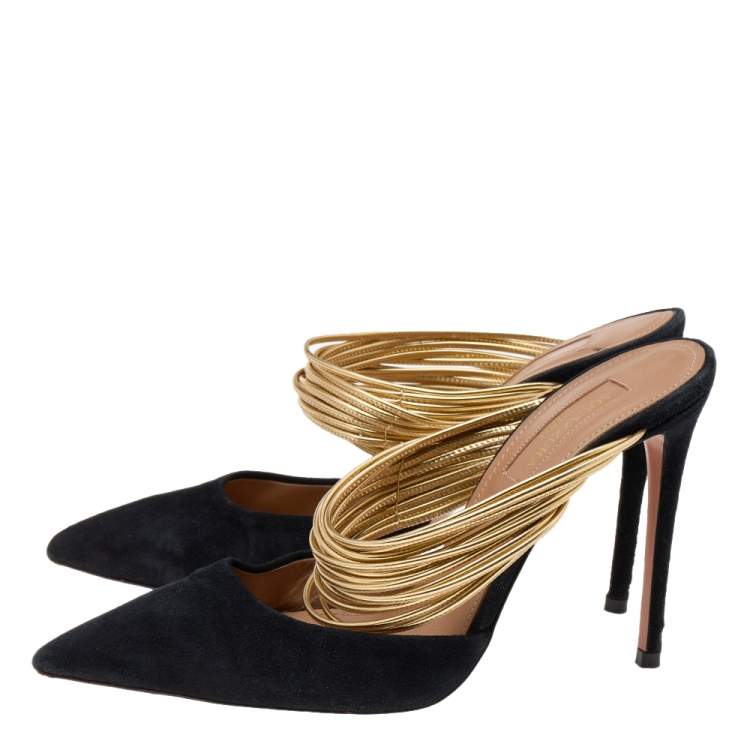 Pre Owned Aquazzura Black Suede And Metallic Gold Leather Rendez Vous Pointed Toe Mules Size 35.5