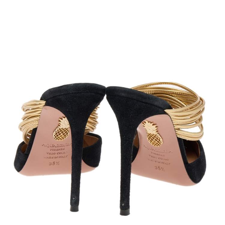 Pre Owned Aquazzura Black Suede And Metallic Gold Leather Rendez Vous Pointed Toe Mules Size 35.5