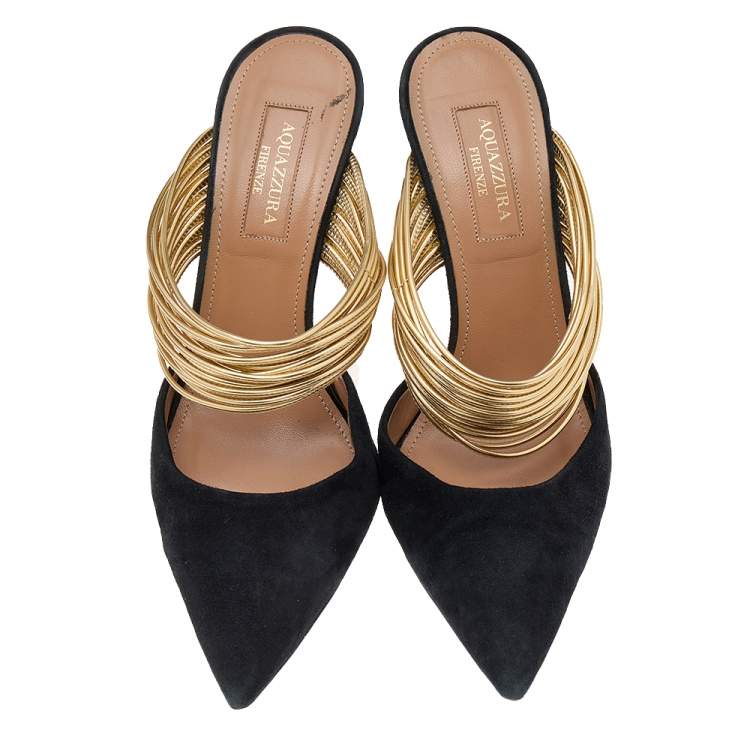 Pre Owned Aquazzura Black Suede And Metallic Gold Leather Rendez Vous Pointed Toe Mules Size 35.5