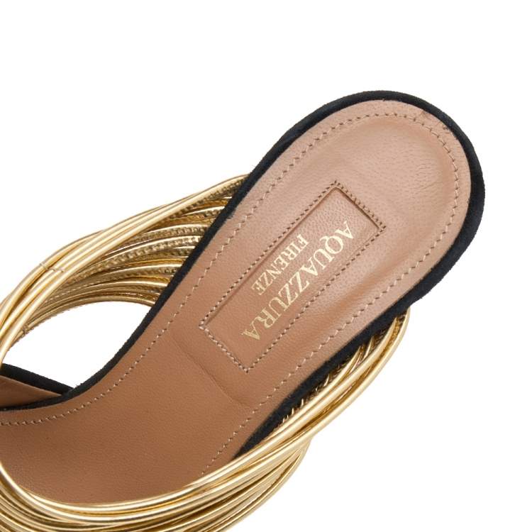 Pre Owned Aquazzura Black Suede And Metallic Gold Leather Rendez Vous Pointed Toe Mules Size 35.5