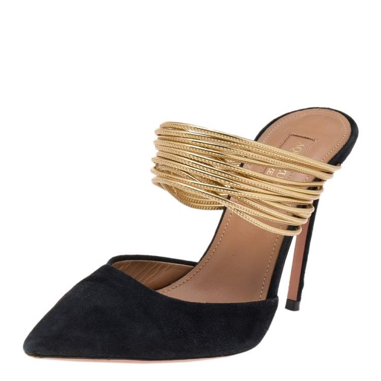 Pre Owned Aquazzura Black Suede And Metallic Gold Leather Rendez Vous Pointed Toe Mules Size 35.5