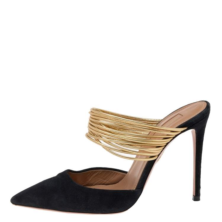 Pre Owned Aquazzura Black Suede And Metallic Gold Leather Rendez Vous Pointed Toe Mules Size 35.5