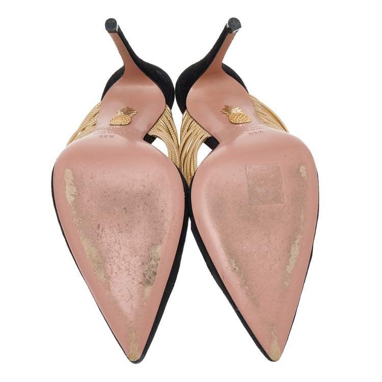 Pre Owned Aquazzura Black Suede And Metallic Gold Leather Rendez Vous Pointed Toe Mules Size 35.5