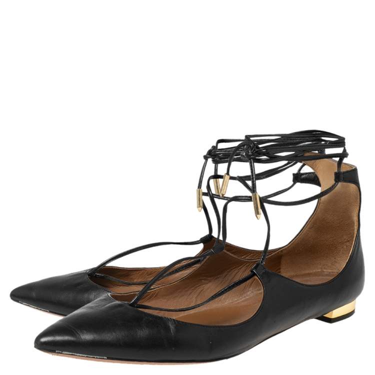 Pre Owned Aquazzura Black Leather Christy Ankle-Wrap Ballet Flats Size 36.5