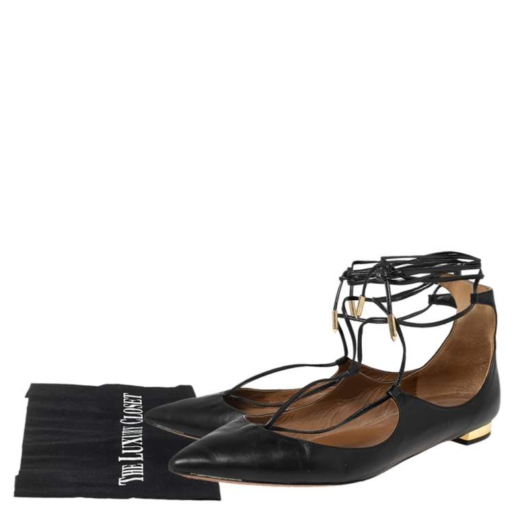 Pre Owned Aquazzura Black Leather Christy Ankle-Wrap Ballet Flats Size 36.5
