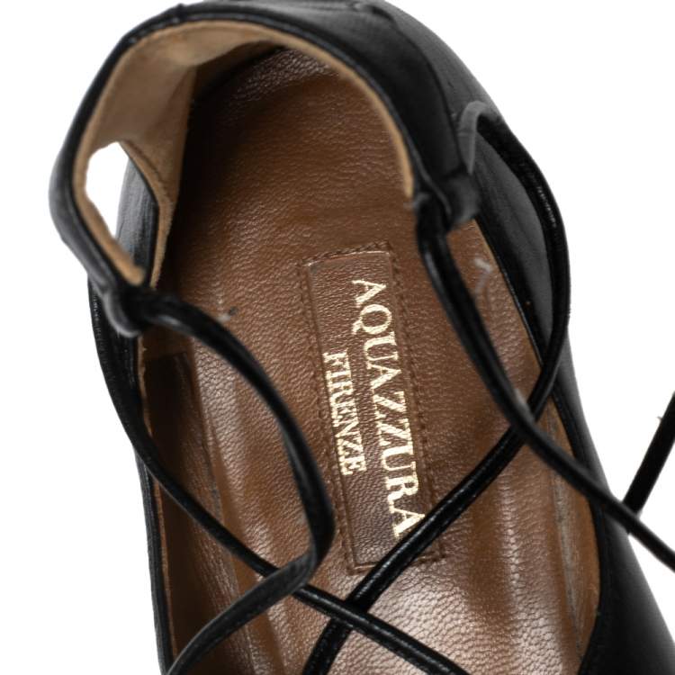 Pre Owned Aquazzura Black Leather Christy Ankle-Wrap Ballet Flats Size 36.5