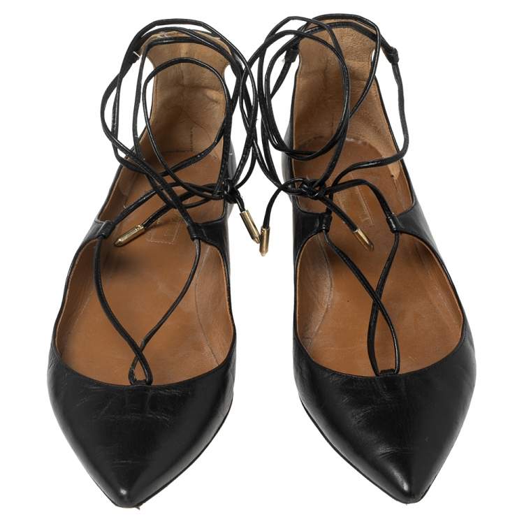 Pre Owned Aquazzura Black Leather Christy Ankle-Wrap Ballet Flats Size 36.5