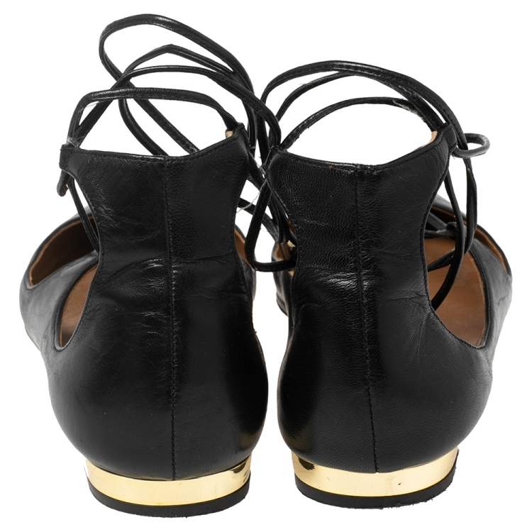 Pre Owned Aquazzura Black Leather Christy Ankle-Wrap Ballet Flats Size 36.5
