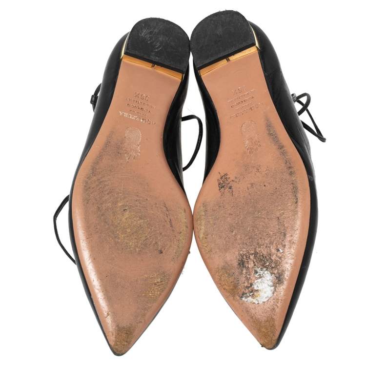 Pre Owned Aquazzura Black Leather Christy Ankle-Wrap Ballet Flats Size 36.5