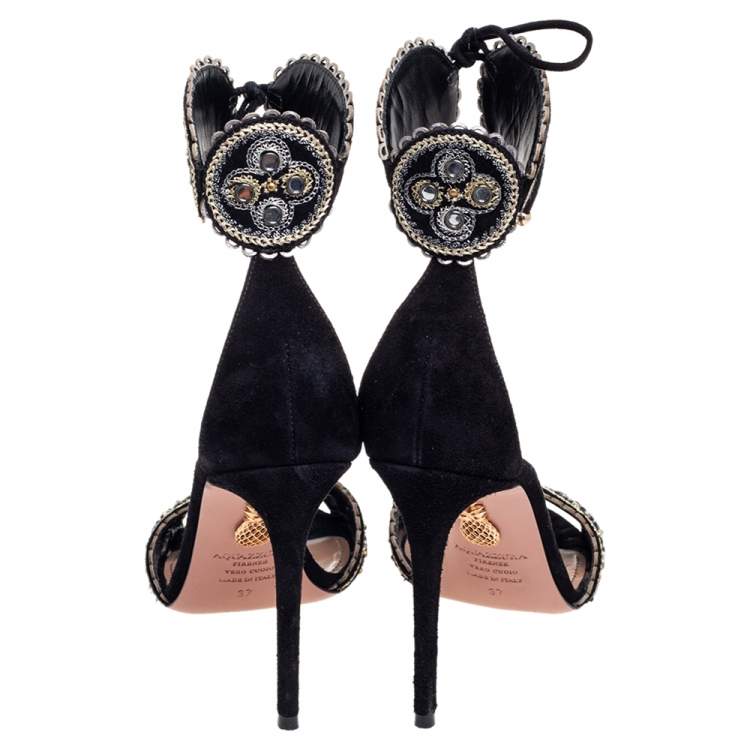 Pre Owned Aquazzura Black/Grey Suede Jaipur Embellished Sandals Size 37