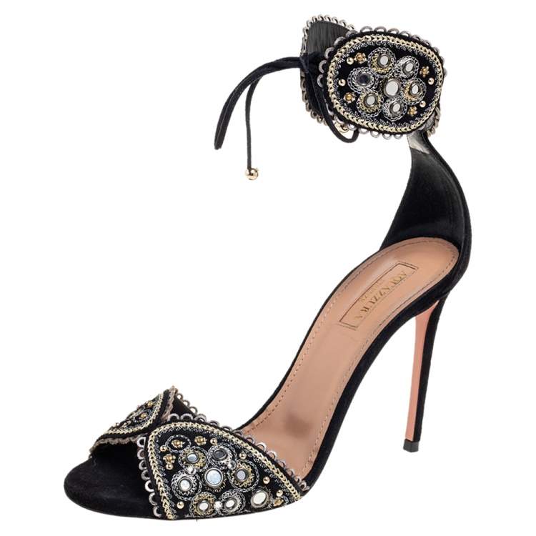 Pre Owned Aquazzura Black/Grey Suede Jaipur Embellished Sandals Size 37