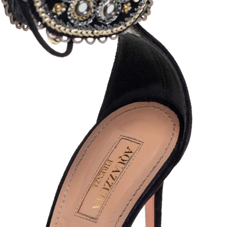 Pre Owned Aquazzura Black/Grey Suede Jaipur Embellished Sandals Size 37