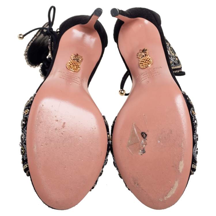 Pre Owned Aquazzura Black/Grey Suede Jaipur Embellished Sandals Size 37