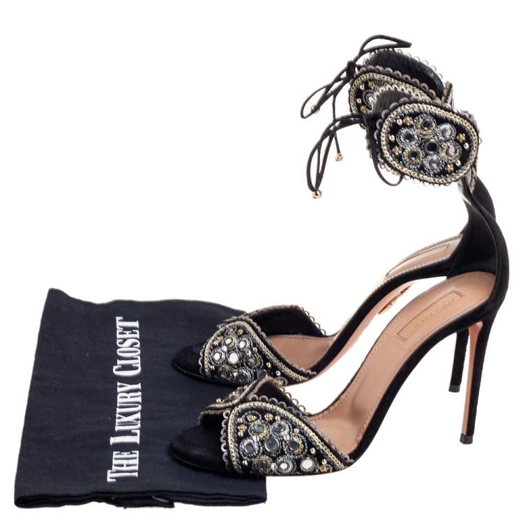 Pre Owned Aquazzura Black/Grey Suede Jaipur Embellished Sandals Size 37