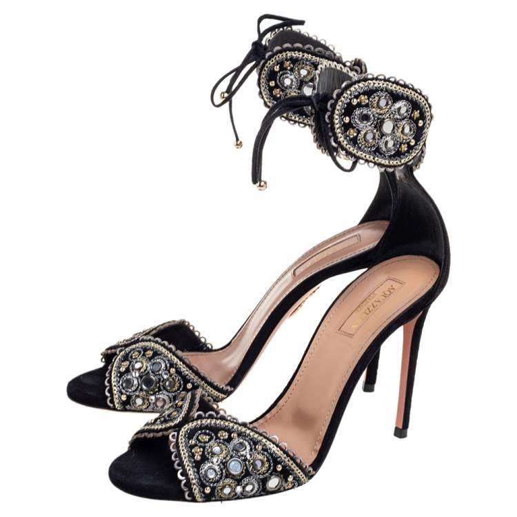 Pre Owned Aquazzura Black/Grey Suede Jaipur Embellished Sandals Size 37