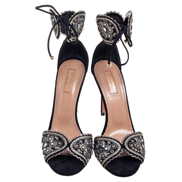 Pre Owned Aquazzura Black/Grey Suede Jaipur Embellished Sandals Size 37