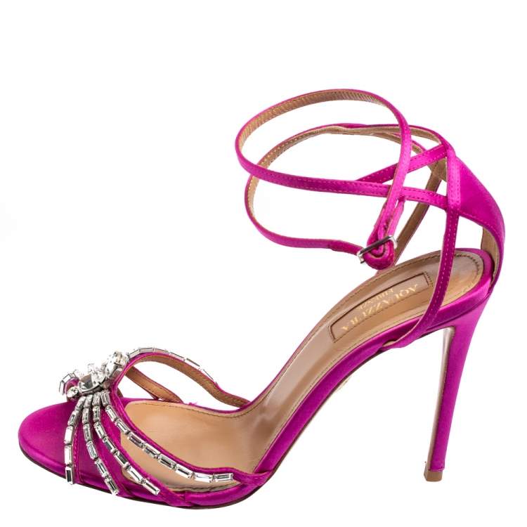 Pre Owned Aquazzura Magenta Satin Crystal Embellished Ankle-Wrap Sandals Size 37