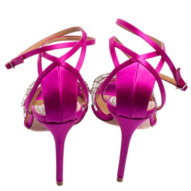 Pre Owned Aquazzura Magenta Satin Crystal Embellished Ankle-Wrap Sandals Size 37