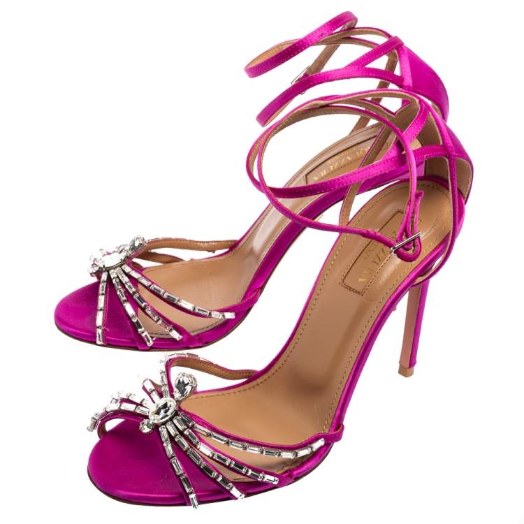 Pre Owned Aquazzura Magenta Satin Crystal Embellished Ankle-Wrap Sandals Size 37