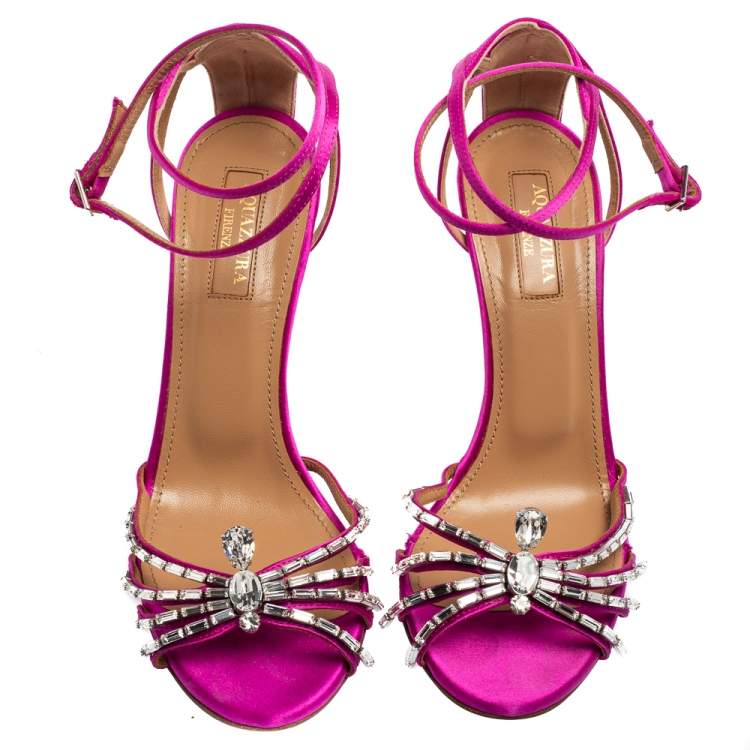 Pre Owned Aquazzura Magenta Satin Crystal Embellished Ankle-Wrap Sandals Size 37