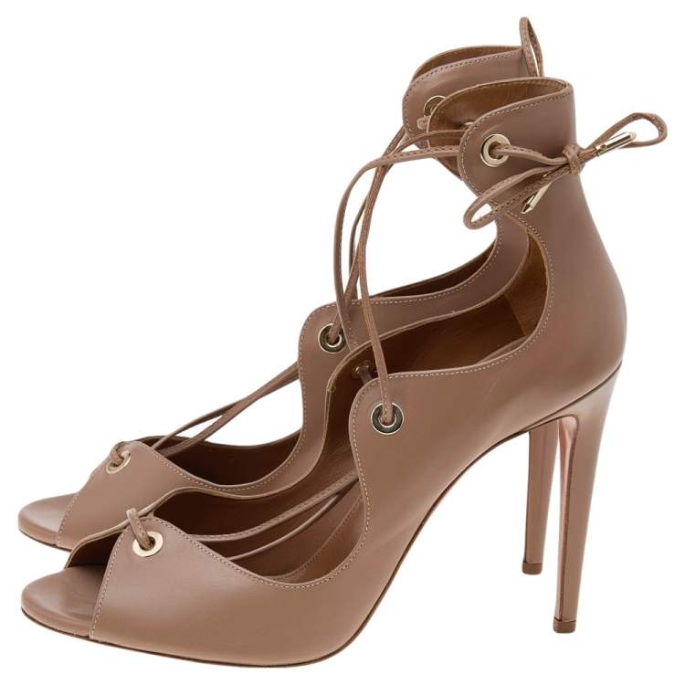 مملوكة مسبقًا Aquazzura Beige Leather Tango Curvy Lace Up Sandals Size 40.5