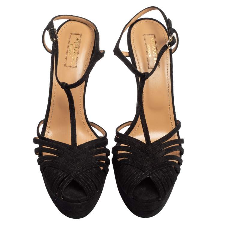 Pre Owned Aquazzura Black Suede T-Strap Platform Sandals Size 41