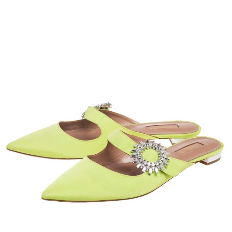 Pre Owned Aquazzura Green Canvas Crystal Embellished Pointed Toe Flat Mules Size 39