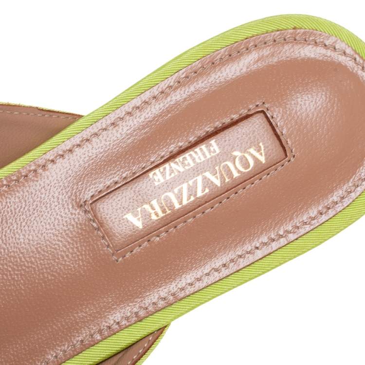 Pre Owned Aquazzura Green Canvas Crystal Embellished Pointed Toe Flat Mules Size 39