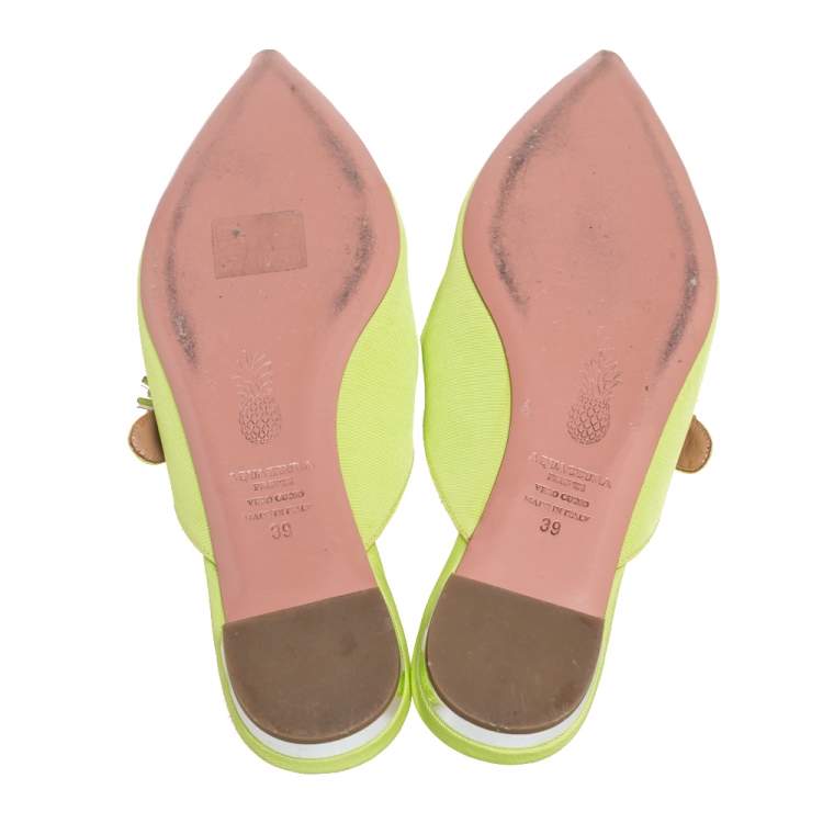 Pre Owned Aquazzura Green Canvas Crystal Embellished Pointed Toe Flat Mules Size 39