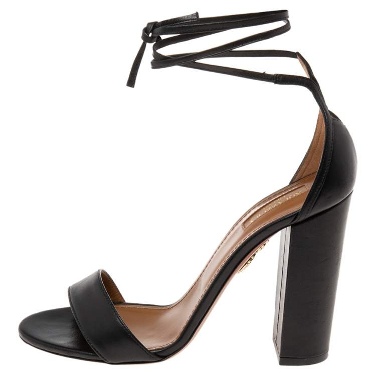 Pre Owned Aquazzura Black  Leather Linda Ankle Wrap Sandals Size 38.5
