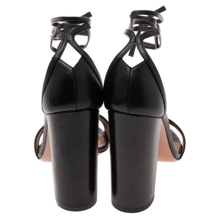 Pre Owned Aquazzura Black  Leather Linda Ankle Wrap Sandals Size 38.5