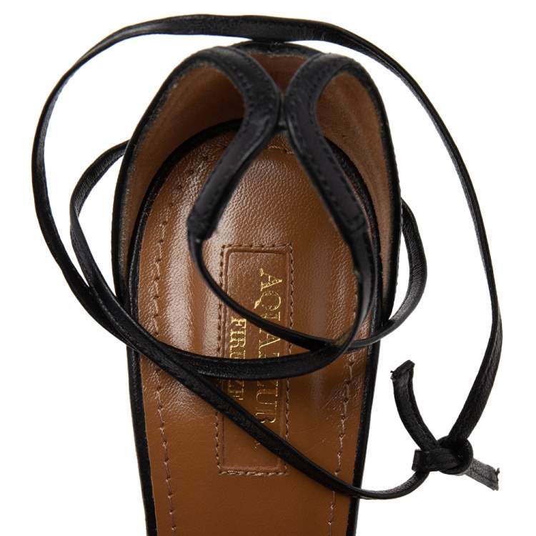 Pre Owned Aquazzura Black  Leather Linda Ankle Wrap Sandals Size 38.5